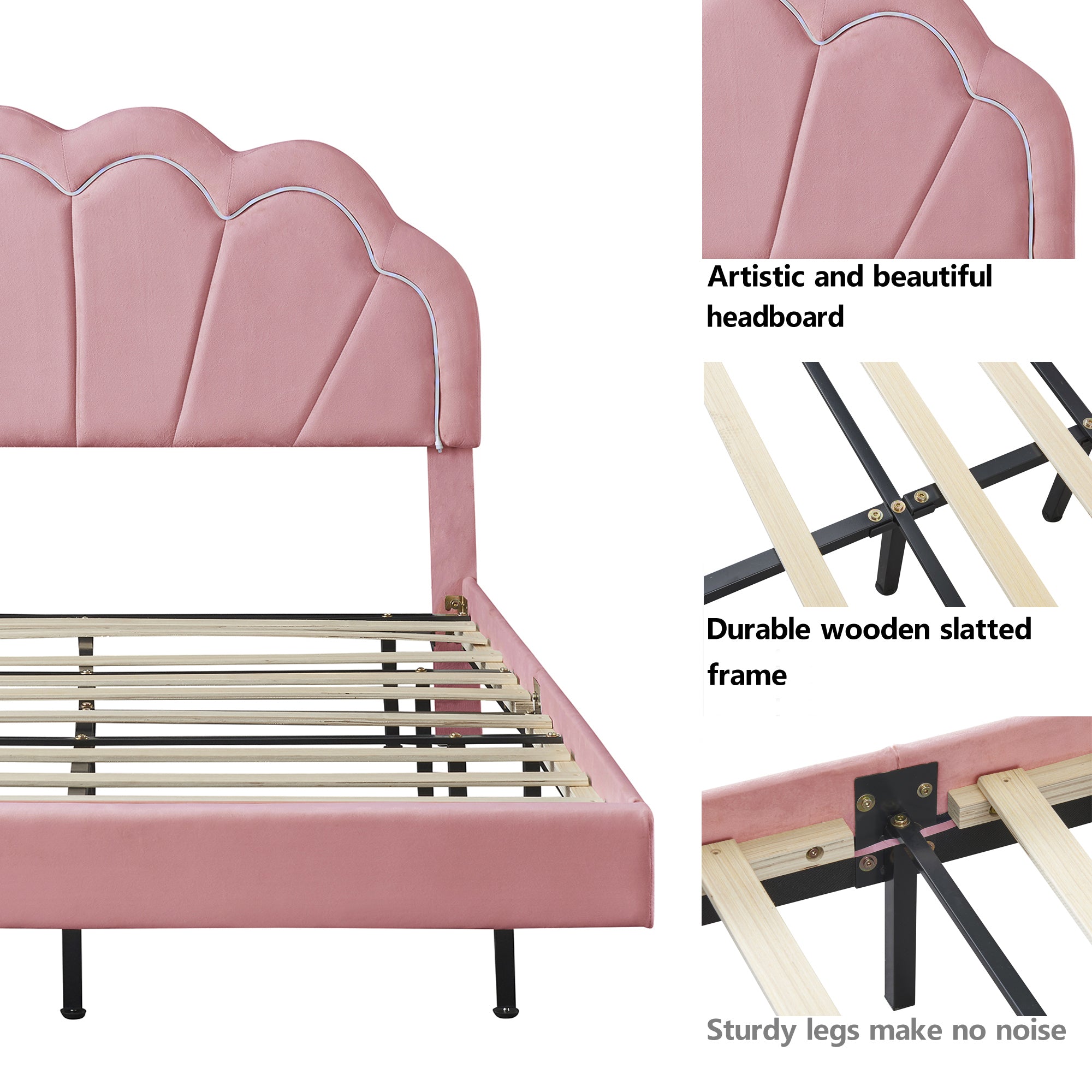 Full Upholstered Smart LED Bed Frame with Elegant Flowers Headboard,Floating Velvet Platform LED Bed with Wooden Slats Support,Pink - Atlantic Fine Furniture Melbourne FL