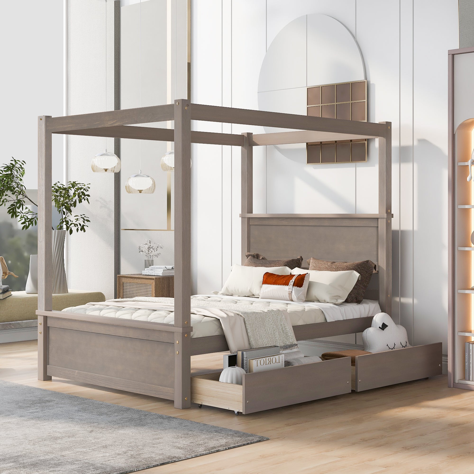 Wood Canopy Bed with two Drawers, Full Size Canopy Platform bed With Support Slats .No Box Spring Needed, Brushed Light Brown - Atlantic Fine Furniture Melbourne FL