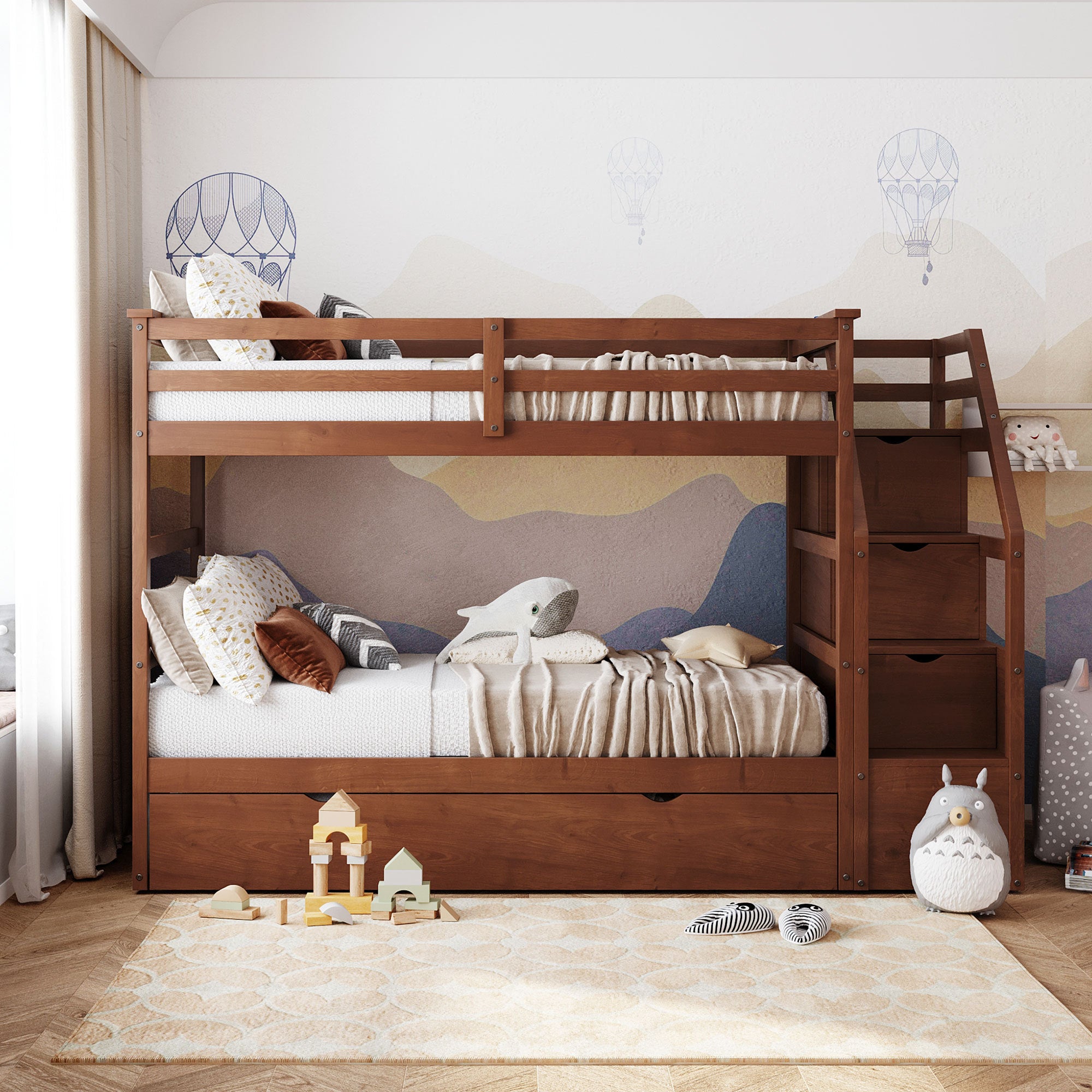 Twin-Over-Twin Bunk Bed with Twin Size Trundle and 3 Storage Stairs,Walnut (OLD SKU :LP000064AAD) - Atlantic Fine Furniture Melbourne FL