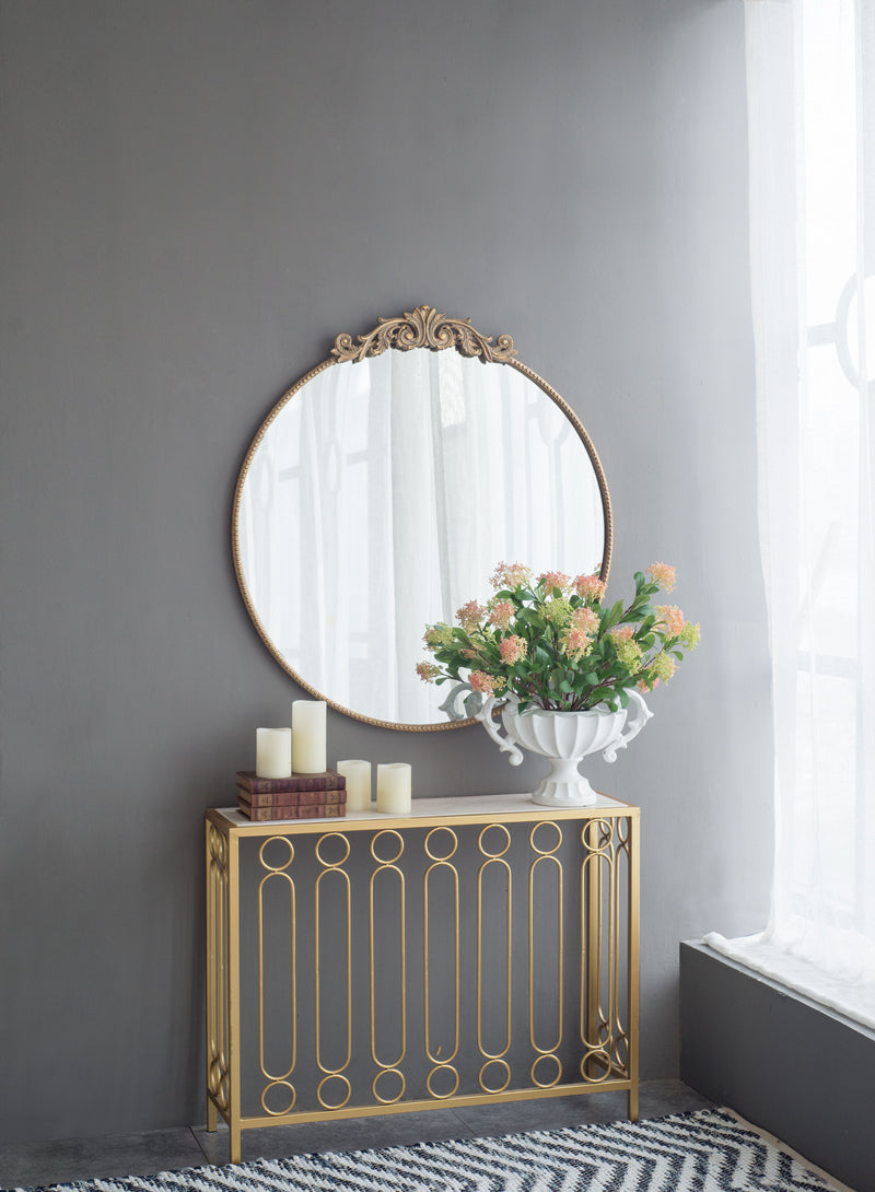 Classic Design Mirror With Round Shape And Baroque Inspired Frame For Bathroom, Entryway Console Lean Against Wall