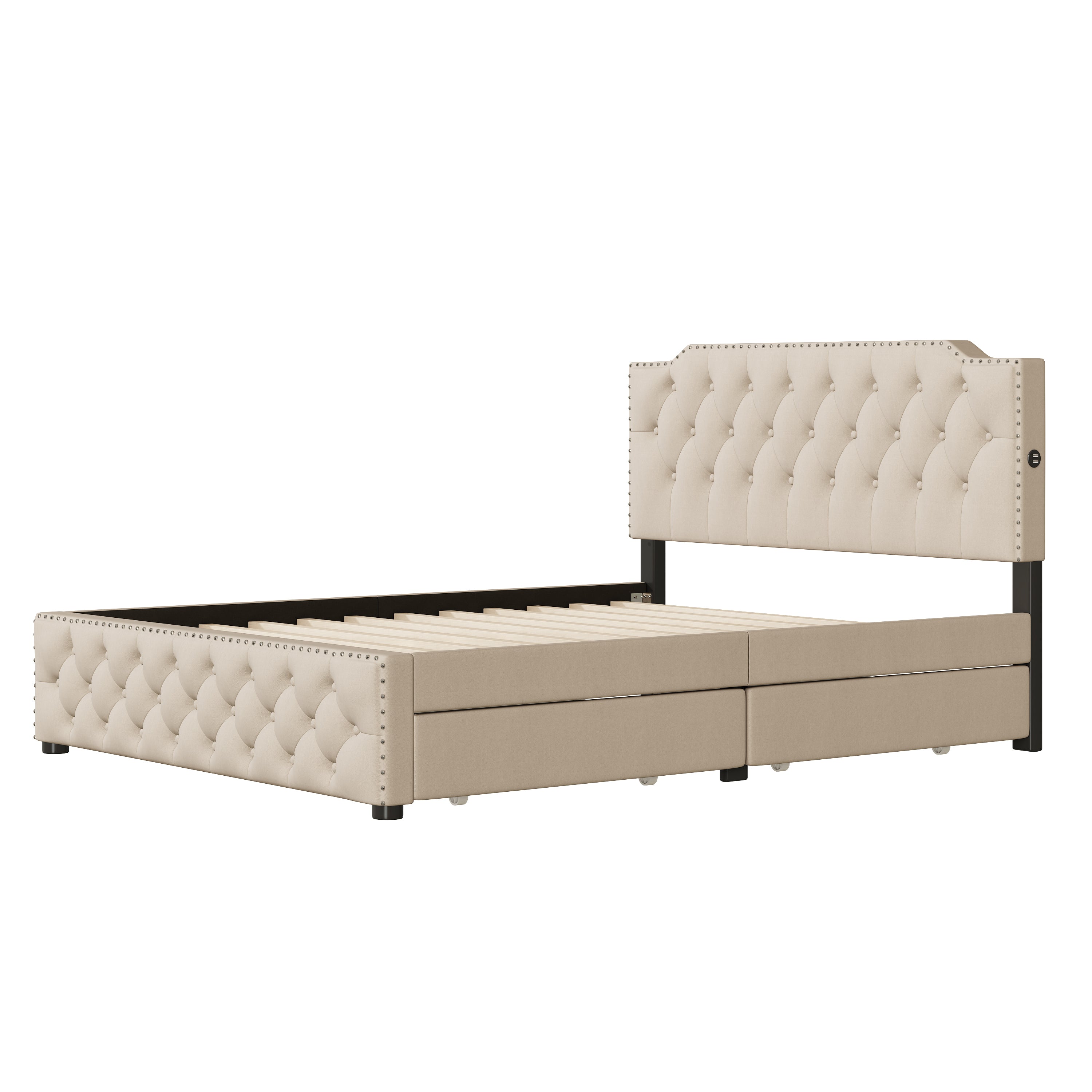 Queen Size Upholstered Platform Bed with 2 Drawers and 2 sets of USB Ports on each side, Linen Fabric, Beige - Atlantic Fine Furniture Melbourne FL