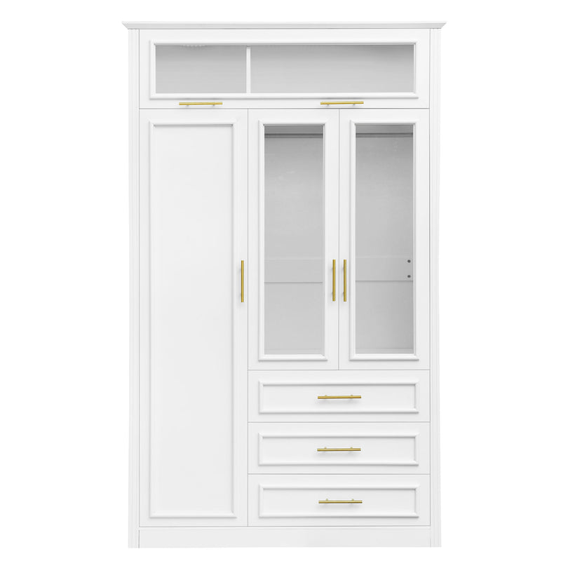 3 Door Wardrobe Armoire With LED Lighting And 3 Drawers - White