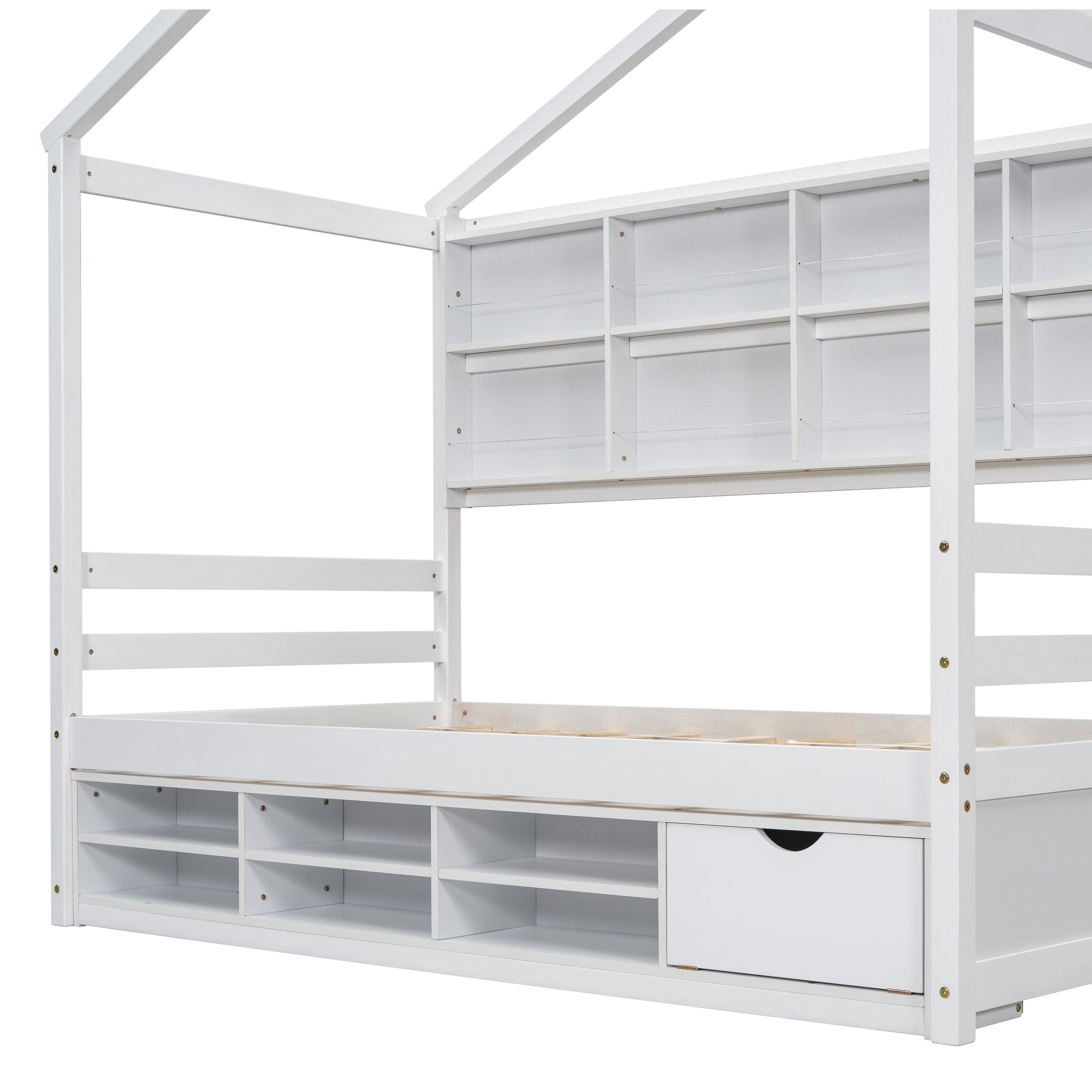 Twin House Bed with Roof Frame, Bedside-shelves, Under Bed Storage Unit,White - Atlantic Fine Furniture Melbourne FL