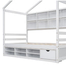 Twin House Bed with Roof Frame, Bedside-shelves, Under Bed Storage Unit,White