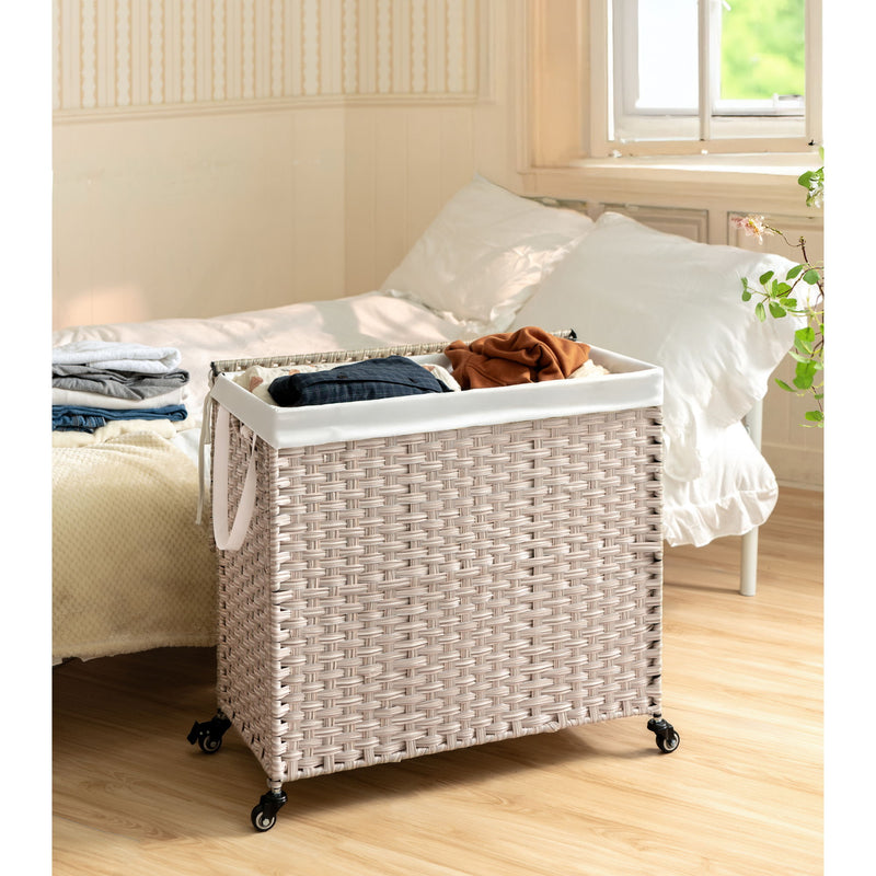 Laundry Hamper With Lid PE Rattan Powder Coating Frame Clothes Hampers With 2 Removable Bags