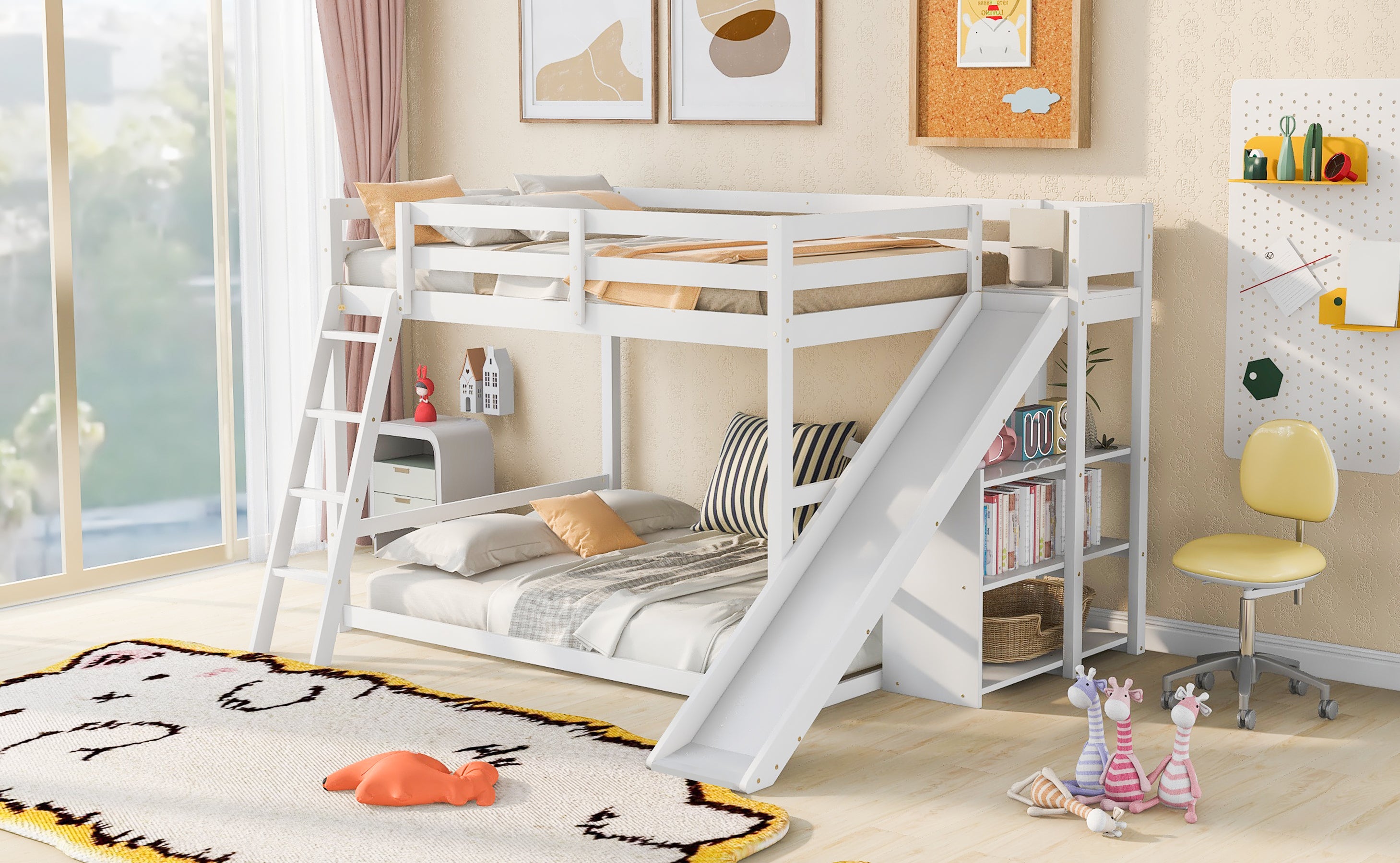Full over Full Bunk Bed with Ladder, Slide and Shelves, White - Atlantic Fine Furniture Melbourne FL