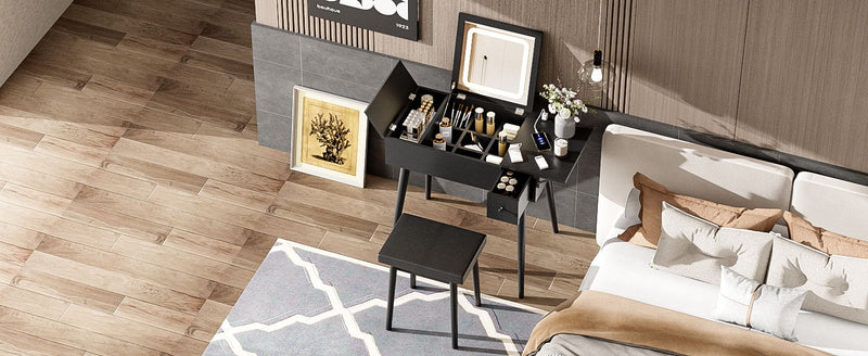 Makeup Vanity Desk With Flip Top Mirror And LED Light, Dressing Table With Charging Station, 2 Drawers And Fold Up Panel, Vanity Set With Cushioned Stool For Bedroom - Black