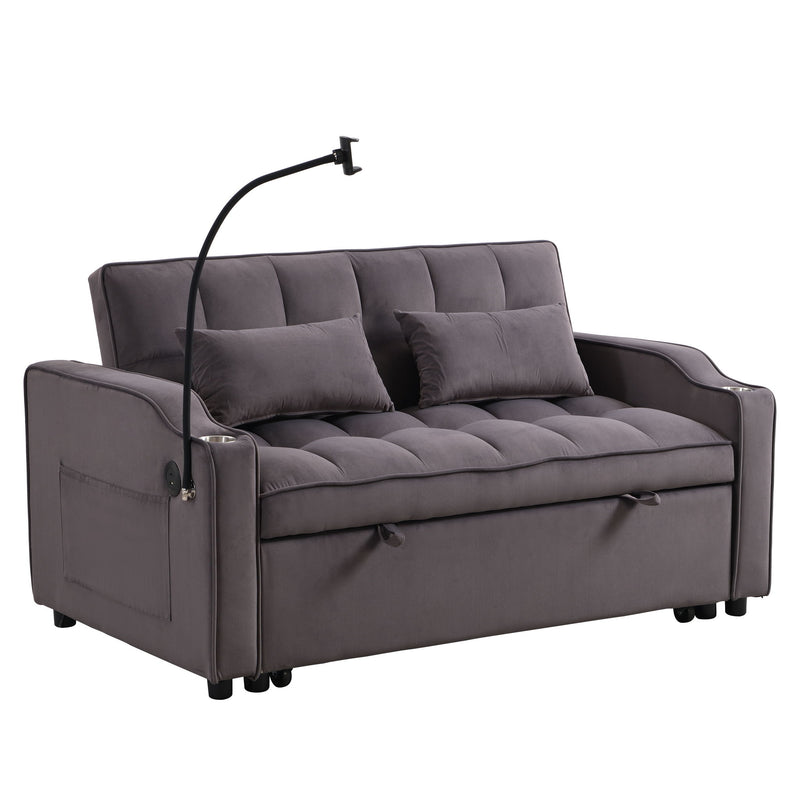 Modern Velvet Loveseat Futon Sofa With Pullout Bed, Adjustable Reclining Backrest, Toss Pillows