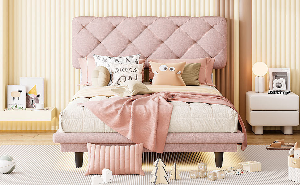 Twin Size Upholstered Bed with Light Stripe, Floating Platform Bed, Linen Fabric,Pink - Atlantic Fine Furniture Melbourne FL