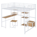 Full Size Loft Bed With Desk And Stool, With Open Style Wardrobe, Shelves And Cabinet - White
