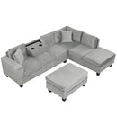 Modern Sectional Sofa With Storage Ottoman, L - Shape Couch With 2 Pillows And Cup Holders