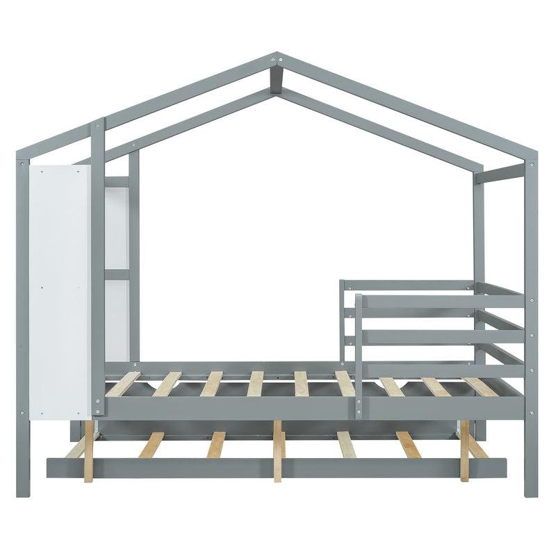 Full Size Wood House Bed with Fence and Writing Board, Gray