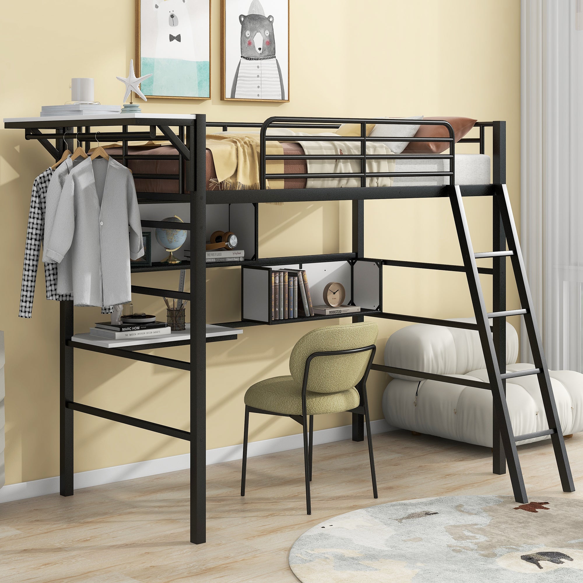 Twin Size Metal Loft Bed with 2 Shelves, a desk and a Hanging Clothes Rack, Black and White - Atlantic Fine Furniture Melbourne FL