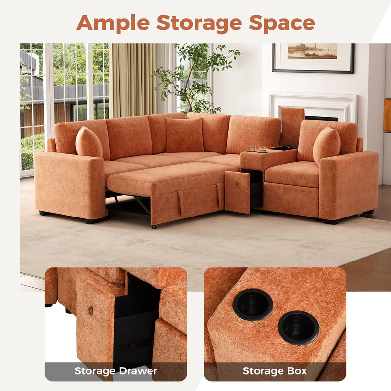 Contemporary L Shaped Convertible Sofa Bed With Pull Out Bed, Cup Holders, And Storage