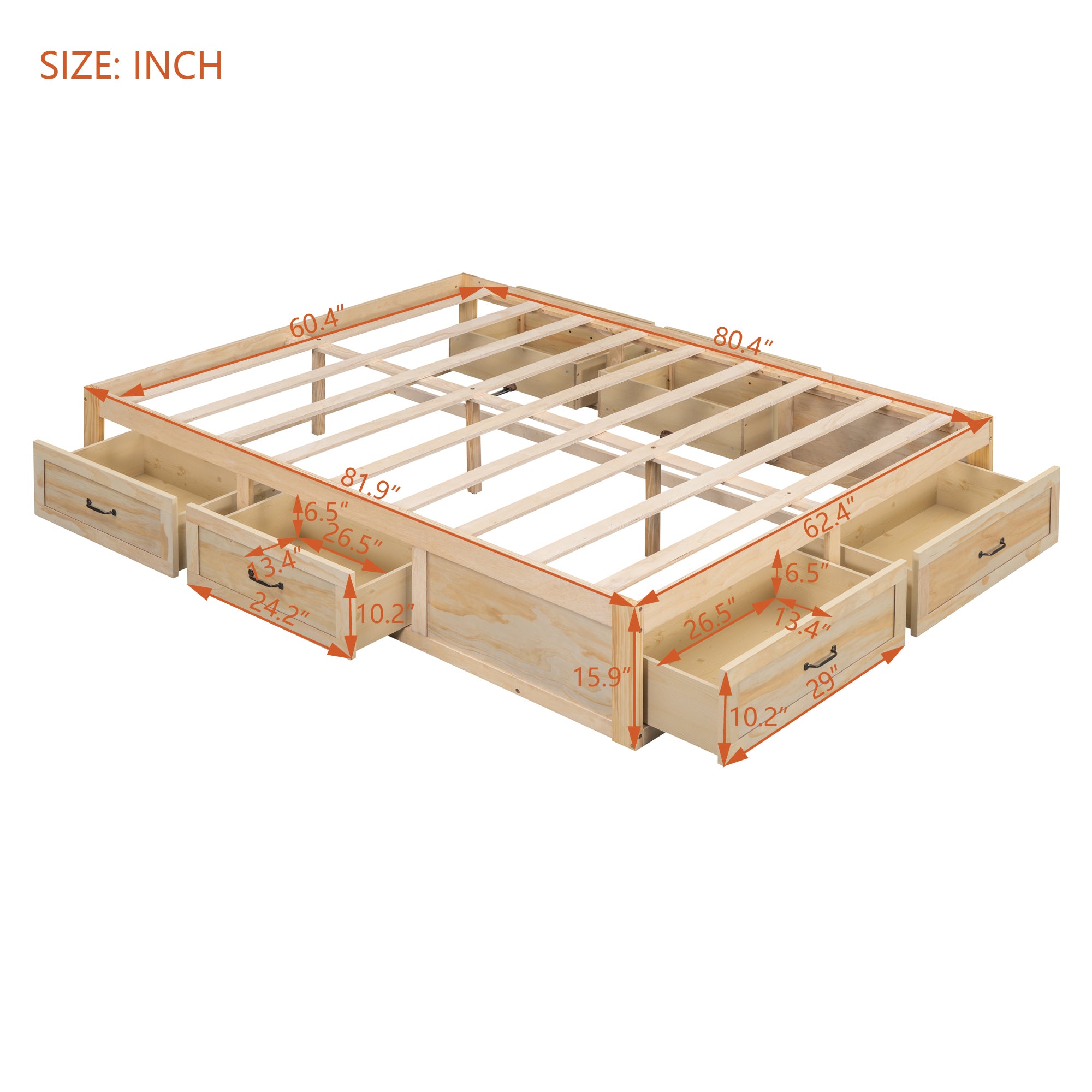 Queen Size Platform Bed with 6 Storage Drawers,Antique Natural - Atlantic Fine Furniture Melbourne FL