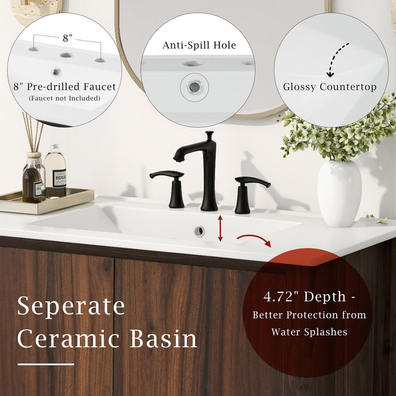 36" Modern Bathroom Vanity With Rectangle Ceramic Sink, Bathroom Cabinet And 45 Degrees Free Handle Design Soft Closing Doors, 1 Open Shelf At The Bottom - Dark Brown