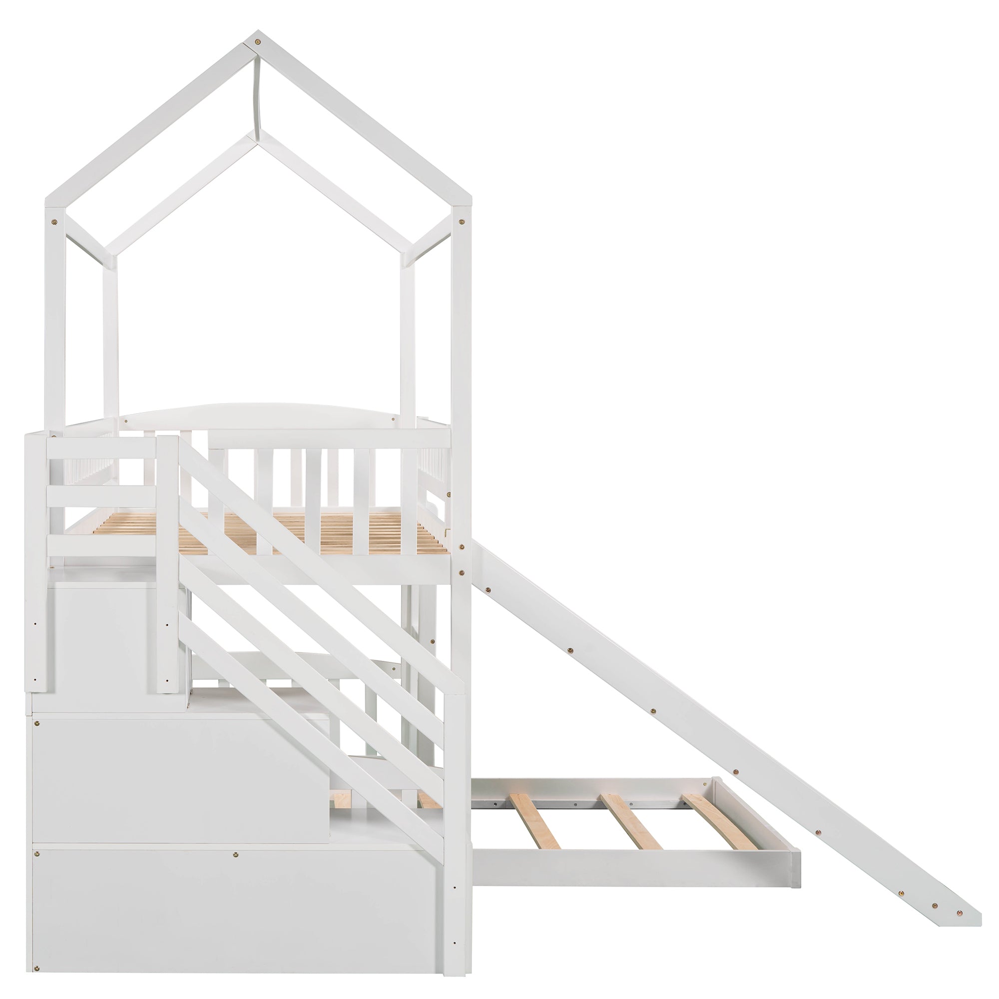 Twin Over Twin Bunk Bed with Two Drawers and Slide, House Bed with Slide, White(OLD SKU :LP000129AAK) - Atlantic Fine Furniture Melbourne FL