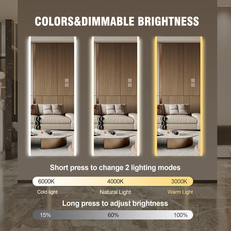 Frameless Full Length LED Mirror With 3 Color Changing Light And Explosion Proof Glass - Silver