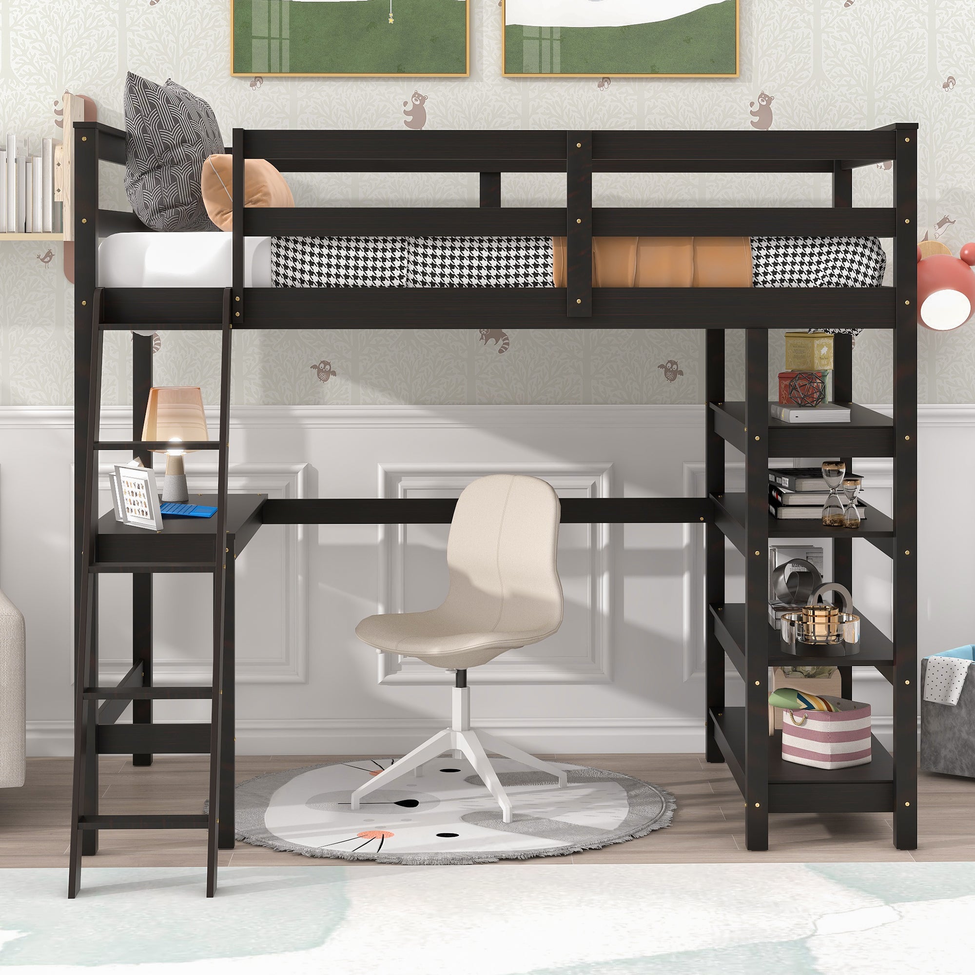Twin Loft Bed with desk,ladder,shelves , Espresso - Atlantic Fine Furniture Melbourne FL