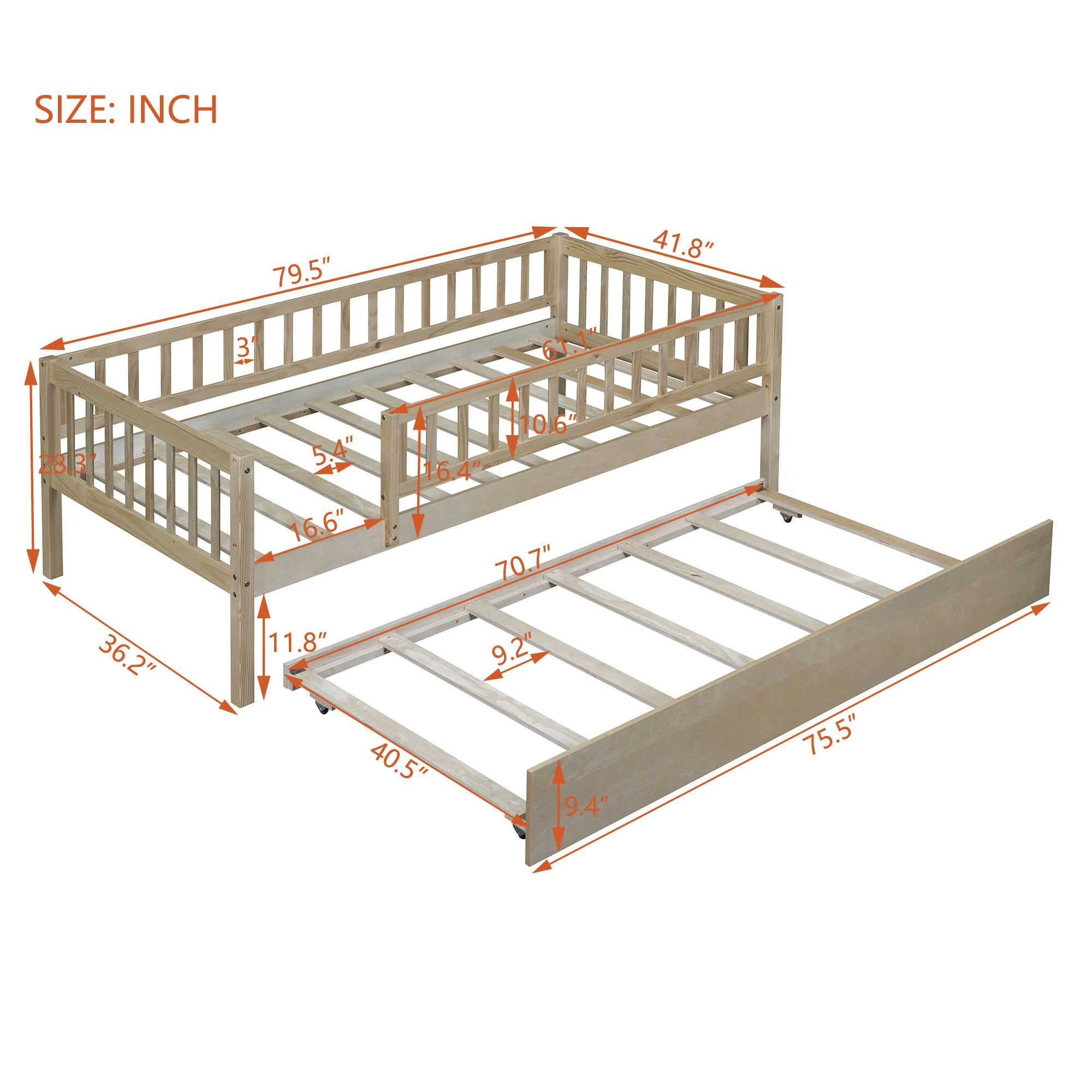 Twin Size Wood Daybed with Trundle and Fence Guardrails, Natural - Atlantic Fine Furniture Melbourne FL