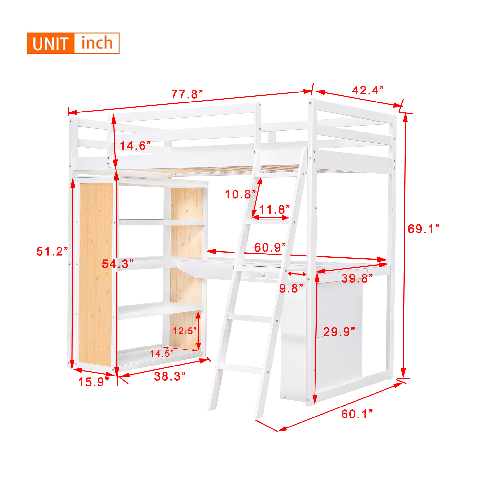 Twin Size Loft Bed with Ladder, Shelves, and Desk, White(OLD SKU:LT000225AAK)