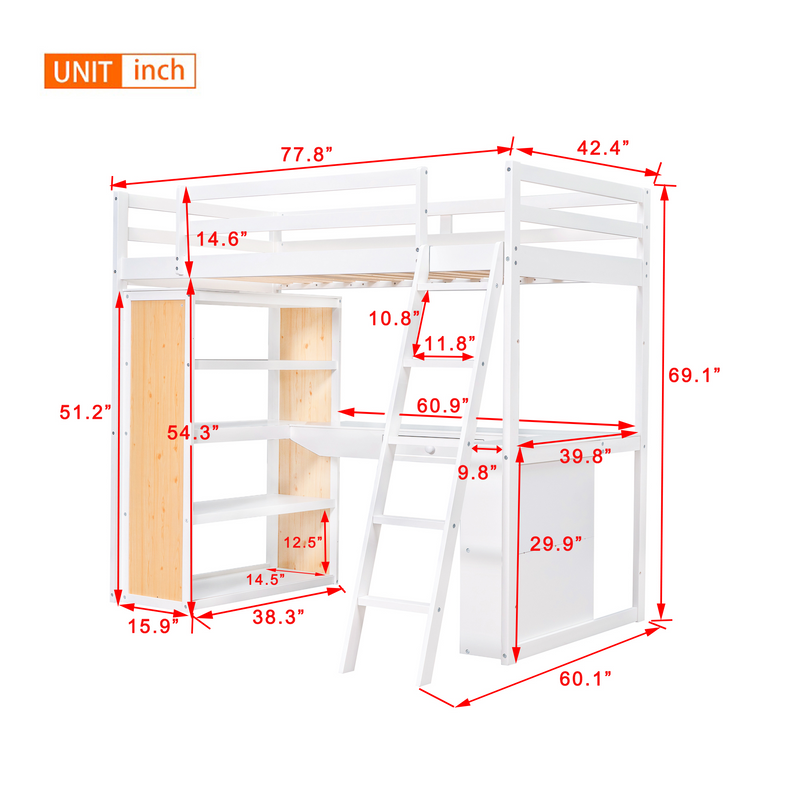 Twin Size Loft Bed with Ladder, Shelves, and Desk, White(OLD SKU:LT000225AAK)