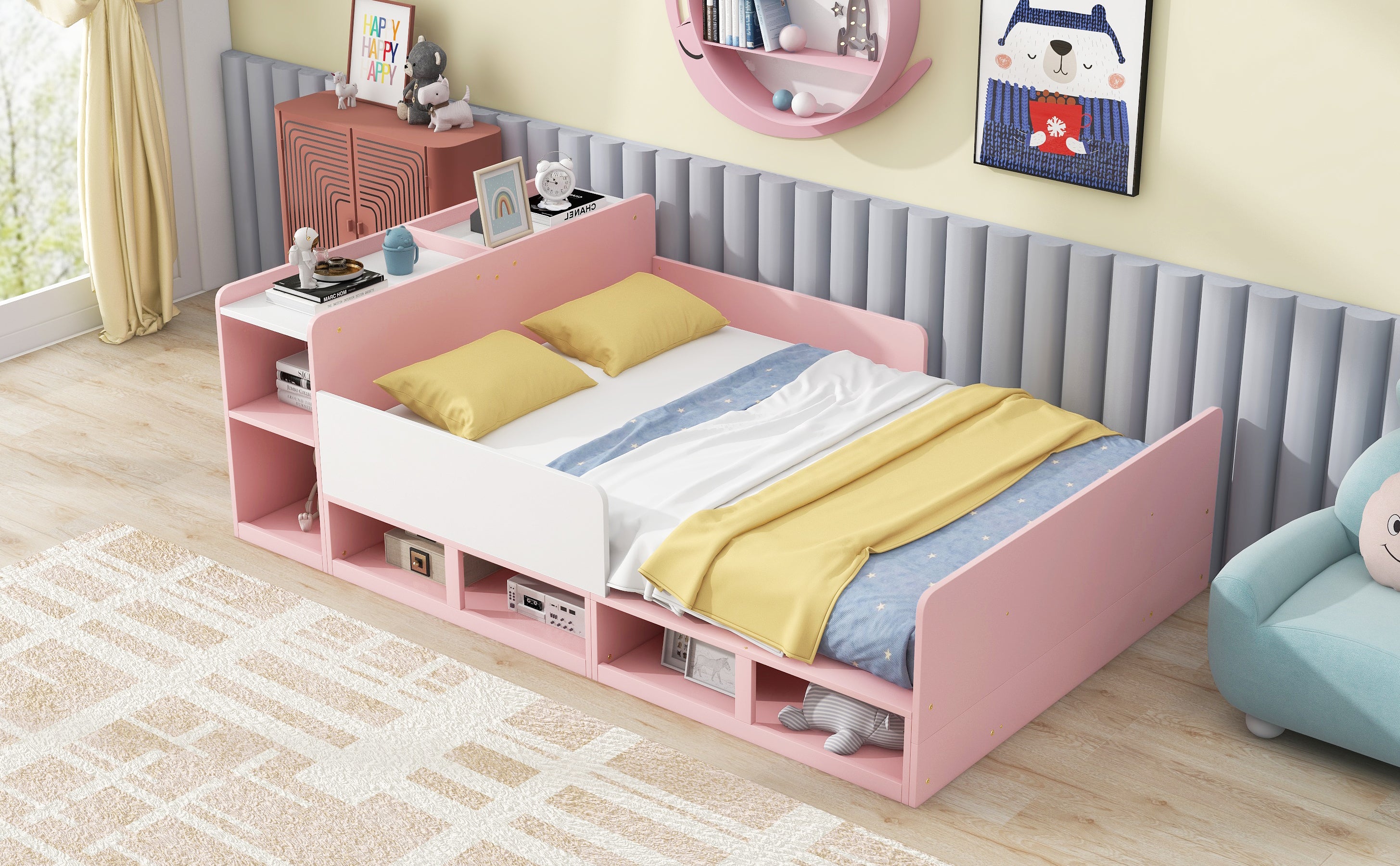 Wood Full Size Platform Bed with Storage Headboard, Guardrails and 4 Underneath Cabinets, Pink - Atlantic Fine Furniture Melbourne FL