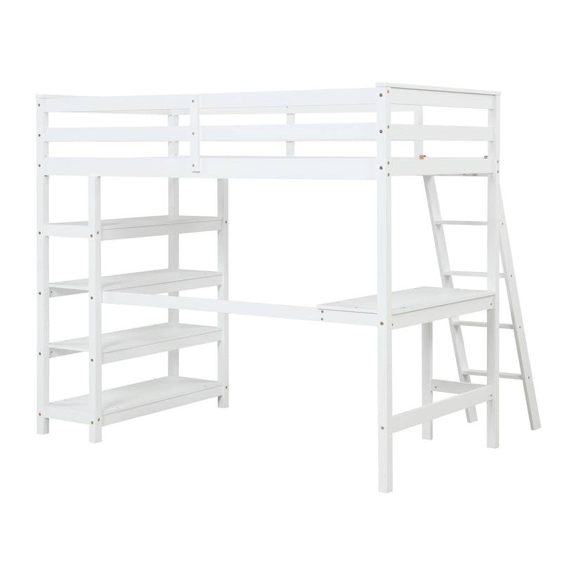 Twin Loft Bed With Desk, Ladder, Shelves