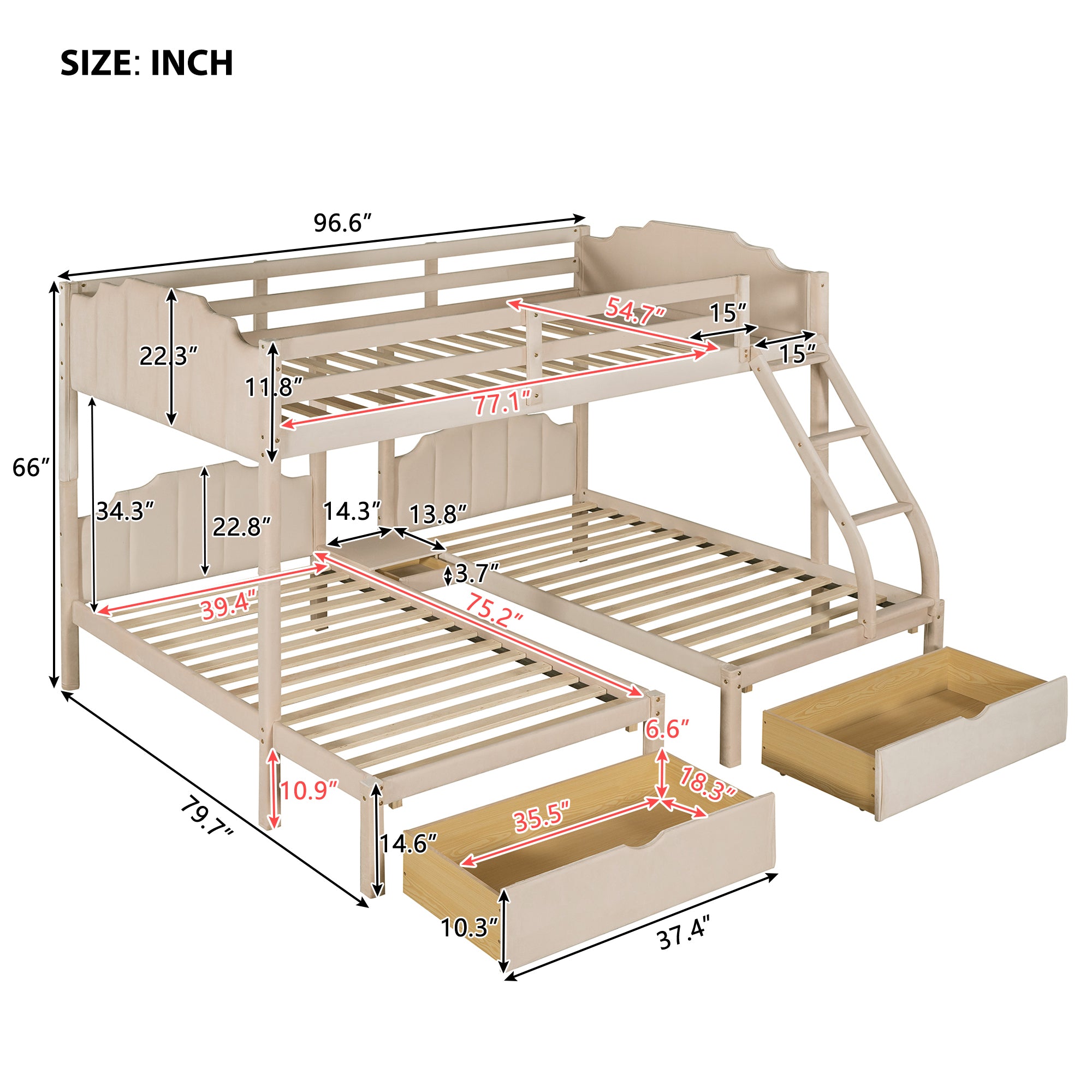 Full Over Twin & Twin Bunk Bed, Velvet Triple Bunk Bed with Drawers and Guardrails, Beige - Atlantic Fine Furniture Melbourne FL
