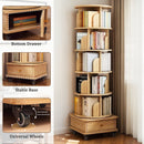 Rotating Bookshelf With Wheels And Drawer, 360° Spinning Design, Space Saving Storage
