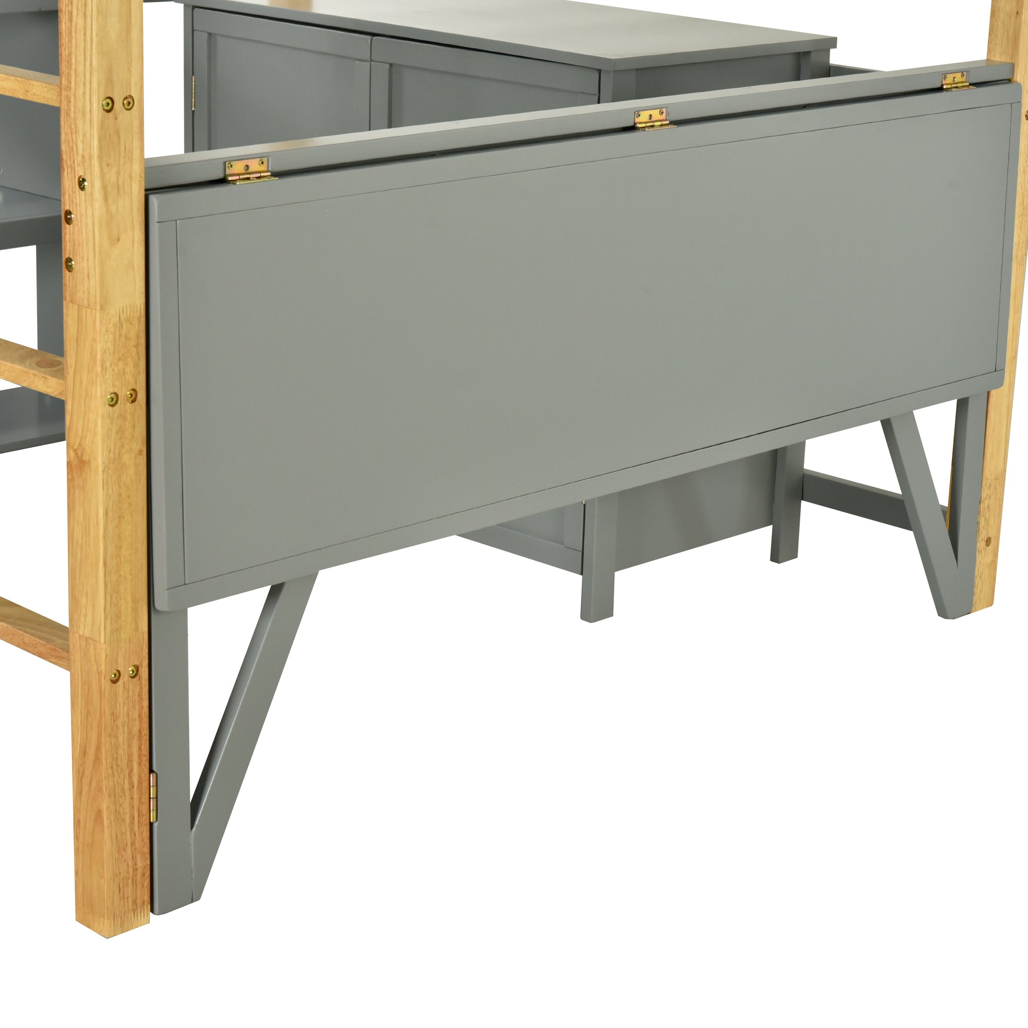 Full Size Wood Loft Bed With Built-in Storage Cabinet and Cubes, Foldable desk, Gray