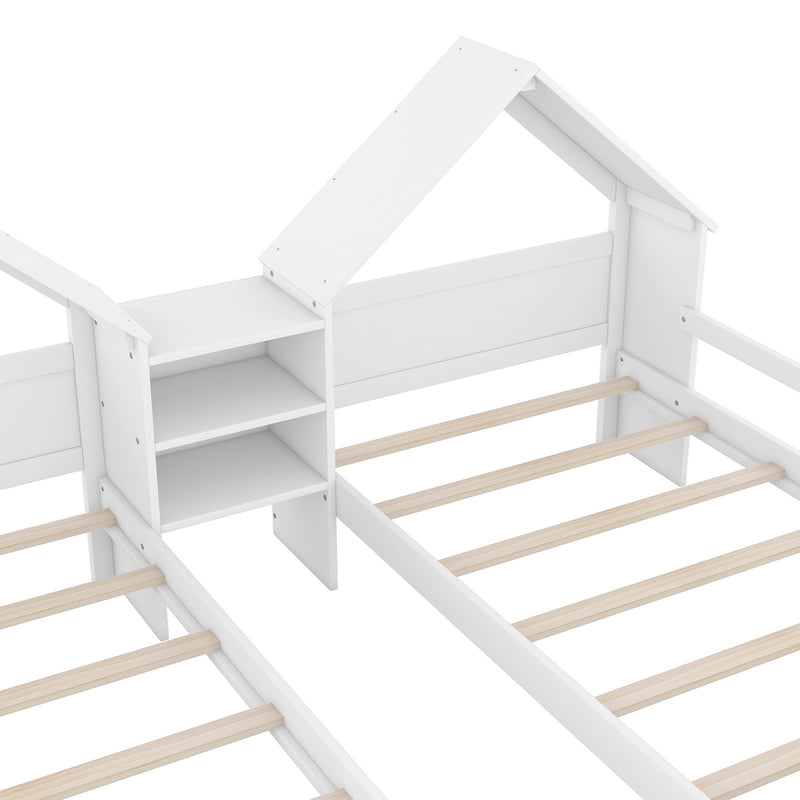 Double Platform Bed With House Shaped Headboard And Built In Nightstand