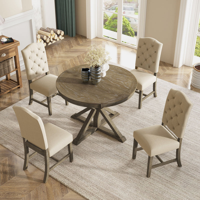 Functional Furniture Retro Style Dining Table Set With Extendable Table And 4 Upholstered Chairs For Dining Room And Living Room
