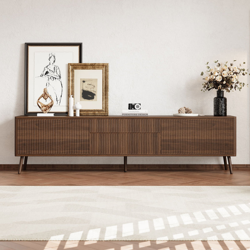 Fluted TV Stand With Storage Drawers And Cabinets For TVs Up To 80", Soft-Close Hinges, Cable Management - Walnut