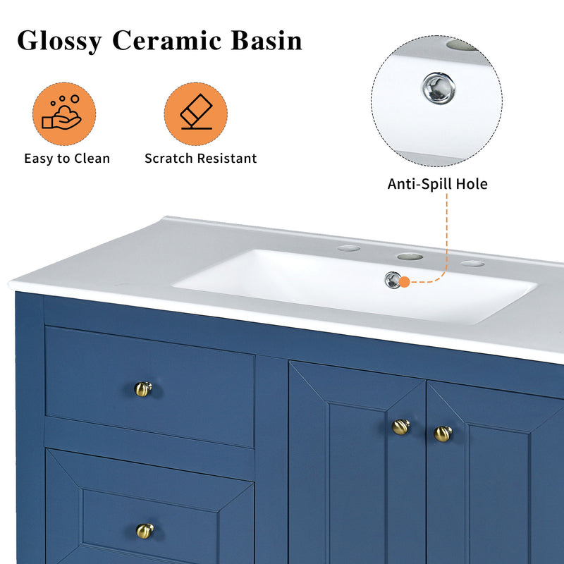 Bathroom Vanity With Ceramic Sink, Bathroom Storage Cabinet With 2 Drawers & Shelf, Freestanding Bathroom Cabinet - Blue