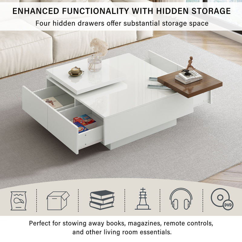 Movable Square Top Coffee Table With 4 Hidden Storage Drawers