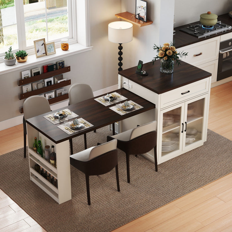 Extendable Kitchen Island With Slide Out Table And Storage Racks For 2 - 6 Person, Power Outlet, Bar, Prep Station - Creamy White / Walnut