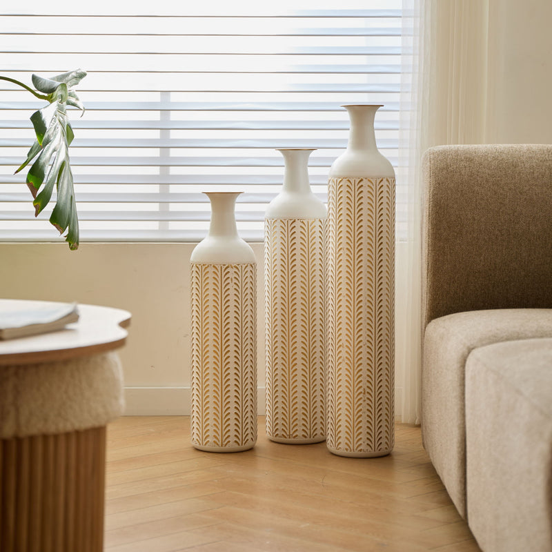 Floor Metal Vase Modern Style Decoration Home Metal Vase 3 Piece Set Gorgeous Home Decoration Large Glazed Metal Vase - Gold / White
