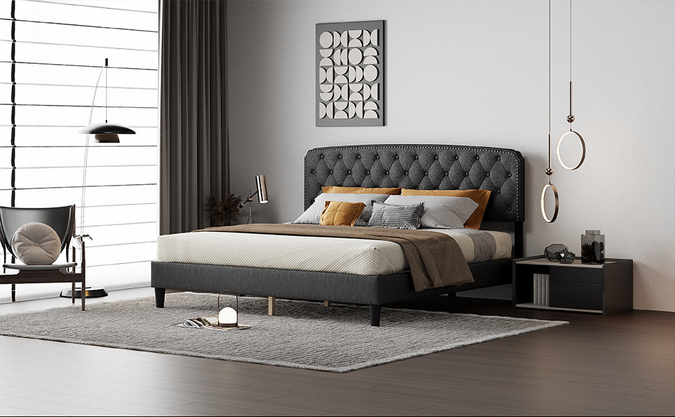 King size Adjustable Headboard with Fine Linen Upholstery and Button Tufting for Bedroom,  Wave Top  Dark Grey
