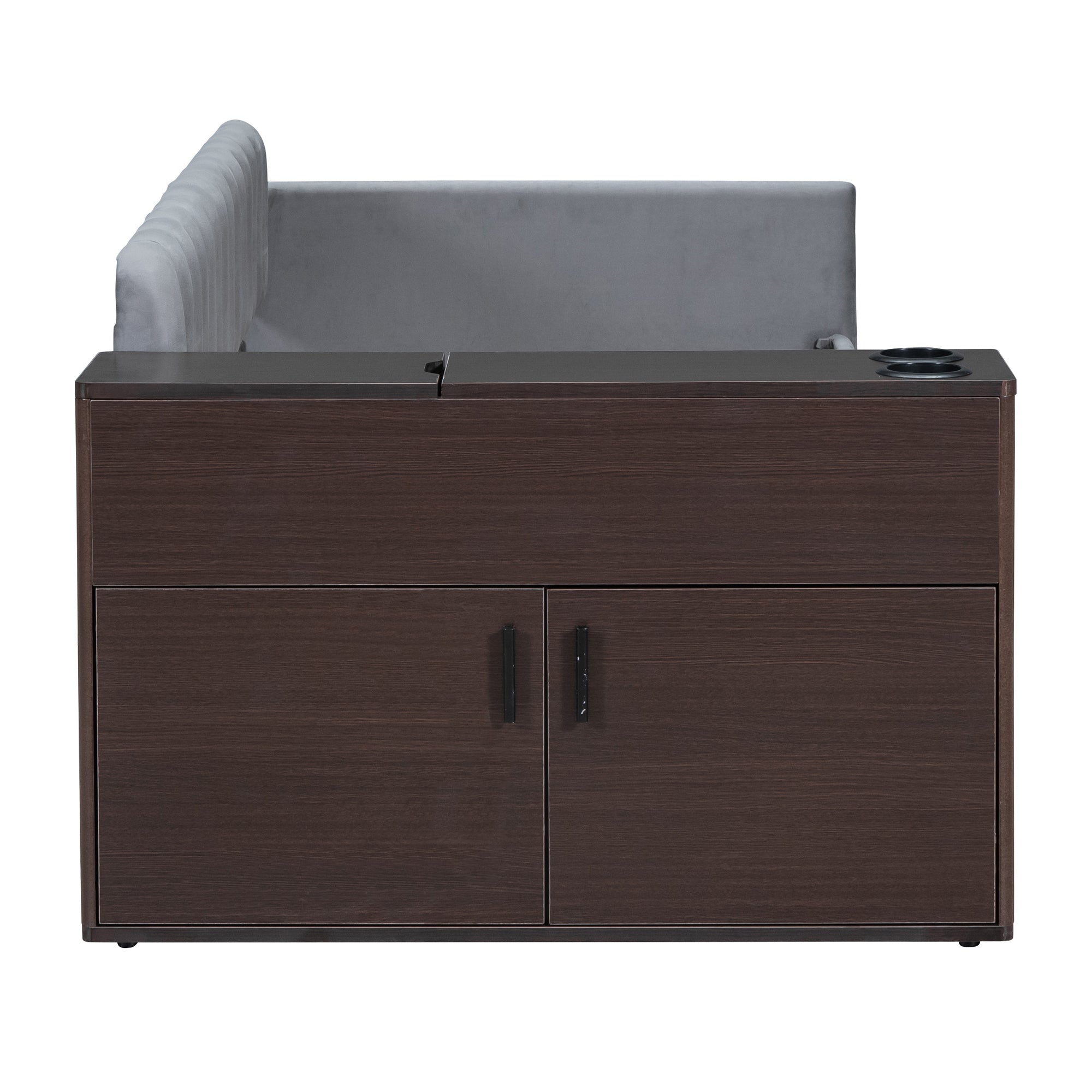 Twin Size Upholstered Daybed with Storage Armrest and 2 Drawers, Multi-functional Daybed with Cup Holder and a set of USB Ports and Sockets, Gray - Atlantic Fine Furniture Melbourne FL