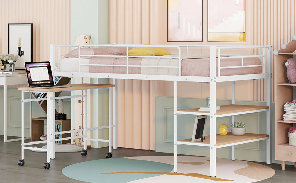 Twin Size Metal Loft Bed with Desk and Shelves,White - Atlantic Fine Furniture Melbourne FL