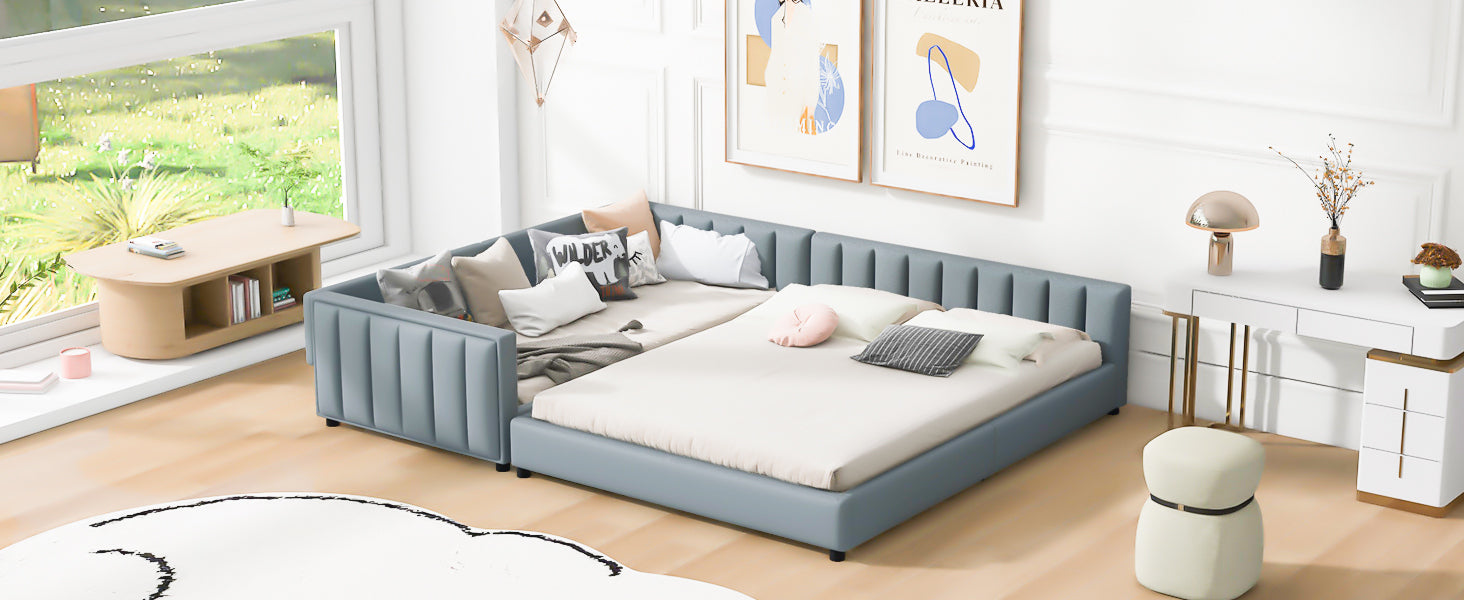 Queen Size & Twin XL Size Upholstered Platform Bed, Mother & Child Bed, PU Leather, Gray - Atlantic Fine Furniture Melbourne FL