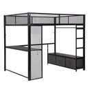 Full Size Gaming Loft Bed With LED Desk, Open Wardrobe, 3 Linen Storage Drawers - Black