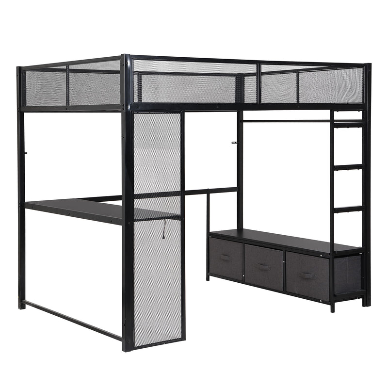 Full Size Gaming Loft Bed With LED Desk, Open Wardrobe, 3 Linen Storage Drawers - Black