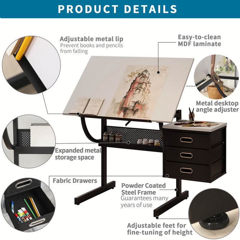 Adjustable Drafting Drawing Table With Stool And 3 Drawers - White / Black