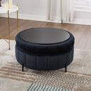 Upholstered Round Ottoman With Reversible Lid, Channel Tufted Pumpkin Shape