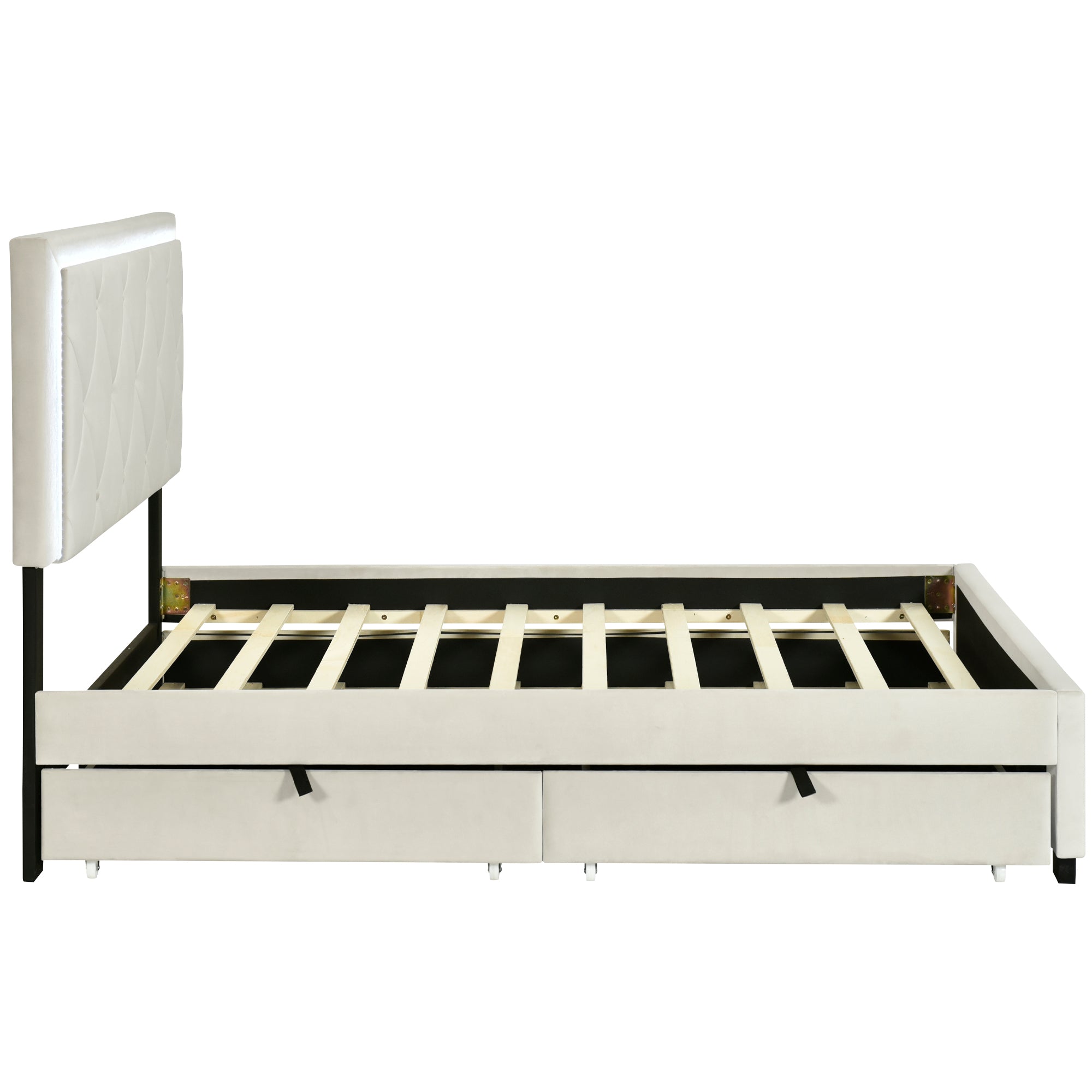 Full Size Velvet Storage Platform Bed, with 2 Big Drawers, T Size Trundle and LED Light, Beige - Atlantic Fine Furniture Melbourne FL