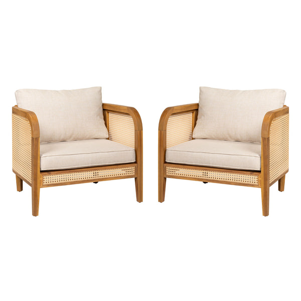 Kirkby - Outdoor Patio Cushioned Arm Chair (Set of 2) With Frame And Wicker Backrest - Teak / Beige