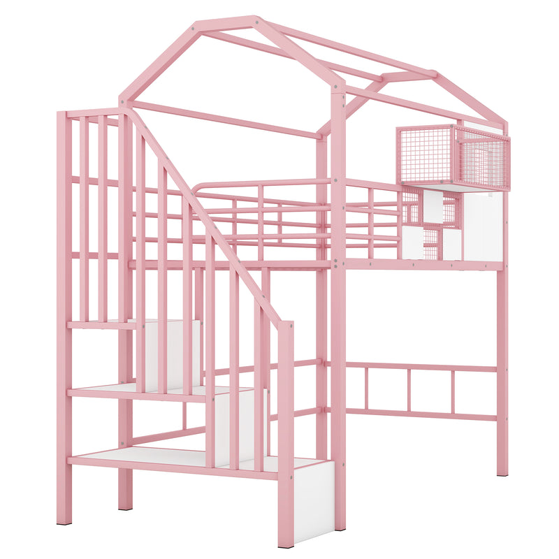 Metal Loft Bed with roof design and a storage box, Twin, Pink