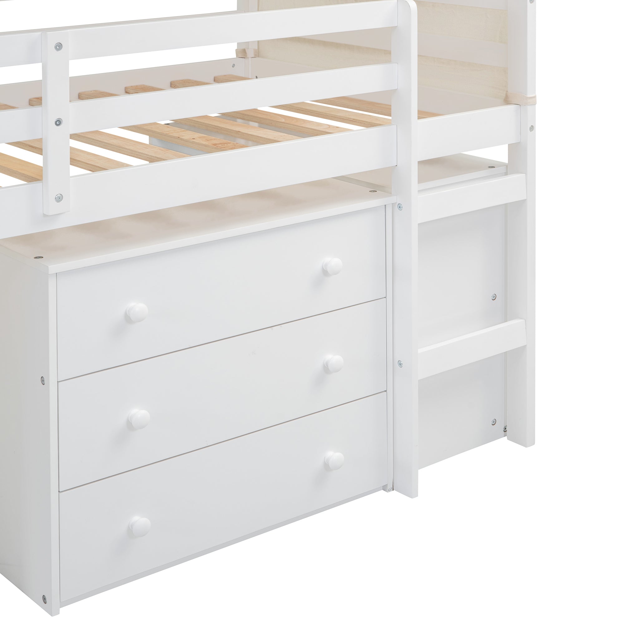 Twin Size Loft Bed with Rolling Cabinet, Shelf and Tent - White - Atlantic Fine Furniture Melbourne FL
